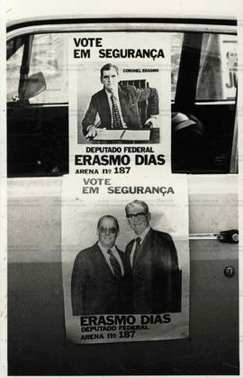 Cartaz de propaganda da candidatura do coronel Erasmo Dias a deputado federal pela Arena ([São Paulo-SP], 15 nov. 1988). / Crédito: Autoria desconhecida.