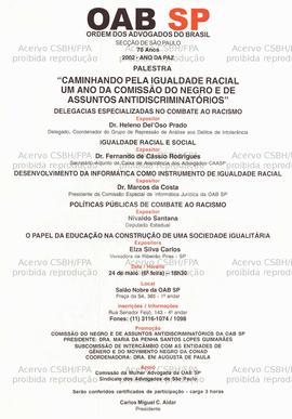 Palestra, Caminhando pela igualdade racial de um ano da Comissão do Negro e de Assuntos Antidiscriminatório  (São Paulo (SP), 24-05-2002).