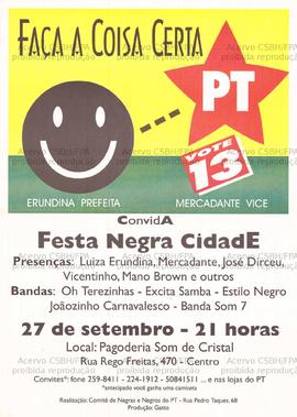 Faça a coisa certa, vote 13 PT. Prefeita Erundina, vice Mercadante . (1996, São Paulo (SP)).