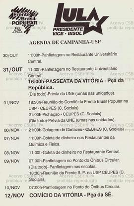 Agenda de Campanha USP. (30 out. a 12 nov. 1989, São Paulo (SP)).