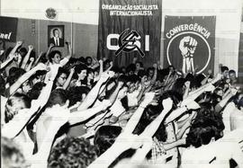 Ato em comemoração dos 64 anos da Revolução Russa no Sindicato dos Químicos de São Paulo (São Paulo-SP, 7 nov. 1981). / Crédito: Vera Lúcia.