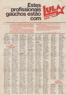 Ester profissionais gaúchos estão com: Lula Presidente, Bisol Vice. (1989, Brasil).