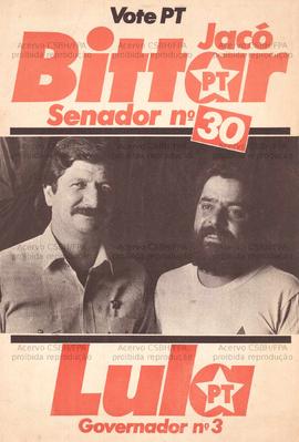 Vote PT, Jacó Bittar Senador n 30. Lula Governador n 3. (1982, São Paulo (SP)).
