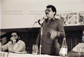 Visita de Daniel Ortega (Nicarágua), líder da Revolução Sandinista, ao sindicato dos metalúrgicos...