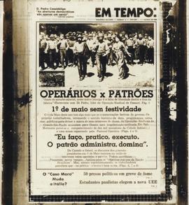 Capa do jornal Em Tempo sobre as comemorações do 1o. de Maio (São Paulo-SP, 1 a 7 mai. 1978).  / Crédito: Autoria desconhecida.