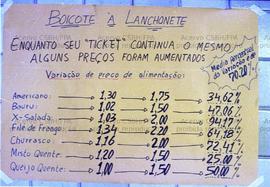 Protesto dos bancários do Unibanco no Centro Empresarial Itaú Conceição contra aumento abusivo de preços da lanchonete (São Paulo-SP, 14-15 jun. 1996). Crédito: Vera Jursys