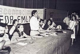 Ato pelo reconhecimento da FMLN (El Salvador) na PUC-SP, organizado pelo Jornal O Trabalho (São Paulo-SP, 1981). Crédito: Vera Jursys