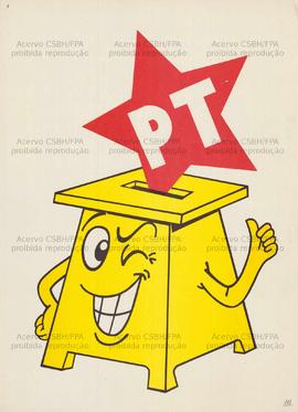 Estrela do PT sendo colocada em  uma urna sorridente. (1989, Brasil).