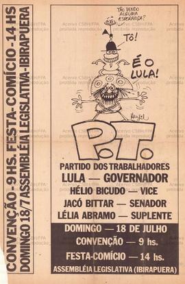 Partido dos Trabalhadores, Lula governador, Hélio Bicudo vice, Jacó Bittar Senador, Lélia Abramo suplente. (1982, São Paulo (SP)).