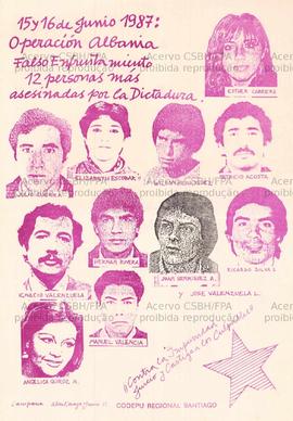 15 y 16 de junio 1987: operación Albania falso enfrentamiento 12 personas más asesinados por la dictadura  (Santiago (Chile), 15-16/06/1987).