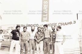 Ato de apoio à Chapa 3 do Sindicato dos Metalúrgicos de São Paulo, frente a fábrica Villares (São Paulo-SP, 1987). Crédito: Vera Jursys