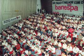 Protesto dos bancários “contra a federalização do Banespa”, na Assembleia Legislativa do Estado d...