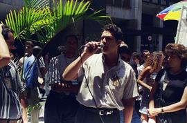 Protesto dos bancários do Banespa [com relação à Cabesp?] (São Paulo-SP, 1997). Crédito: Vera Jursys