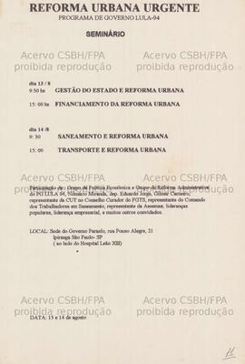 Reforma Urbana Urgente: Programa de Governo Lula 94. (13 a 14 ago., São Paulo (SP)).