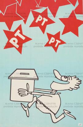 Homem com urna colhendo estrelas do PT [2]. (1989, Brasil).